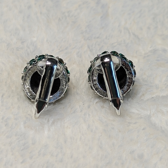 Vintage Green Rhinestone Small Round Button Style Clip Earrings - Picture 4 of 5